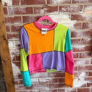 Ragged Y2K Retro Patchwork Long Sleeve Crop Top Multicolor Womens Size Large